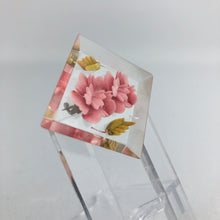 Load image into Gallery viewer, Original 1940s 1950s Reverse Carved Diamond Shaped Lucite Brooch with Vibrant Pink Flowers *