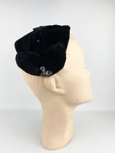 Load image into Gallery viewer, Original 1950s Black Velvet Half Hat with Leaf Trim and Silver Sequin Decoration