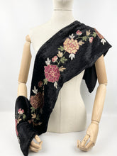 Load image into Gallery viewer, Original 1920's 1930's Black Silk Velvet Scarf with Crewel Work Floral Embroidery - Great Christmas Gift