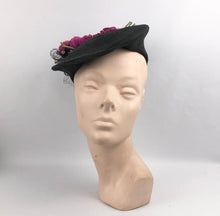 Load image into Gallery viewer, Original 1940's Black Fine Sisal Hat with Wonderful Pink Flower and Flocked Net Trim