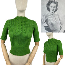 Load image into Gallery viewer, 1940's Reproduction Hand Knitted Cable Jumper in Green - Bust 32 33 34 35 *