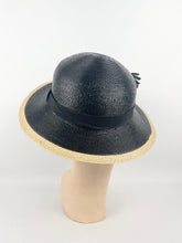 Load image into Gallery viewer, Original 1930s Black and Cream Lacquered Straw Hat with Velvet Floral Trim