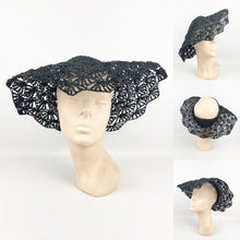 Load image into Gallery viewer, Original 1940's Black Straw Crochet Summer Hat with Open Crown