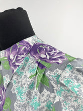 Load image into Gallery viewer, 1940's Reproduction Floral Print Blouse with Large Purple Roses and Faceted Glass Buttons Made From an Original 1940's Feed Sack - Bust 34"