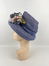 Load image into Gallery viewer, Original 1940’s Lavender Straw Bonnet Hat with Pretty Floral Trim - Vintage Summer Straw Hat *