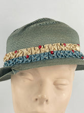 Load image into Gallery viewer, Original 1930's Blue Green Straw Hat with Grosgrain and Glass Bead Trim