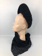 Load image into Gallery viewer, Exceptional 1940s Inky Black Felt Hat with Black Chiffon Scarf