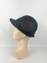 Load image into Gallery viewer, Original 1930s Black Straw Cloche Hat with Charming Cherry Trim