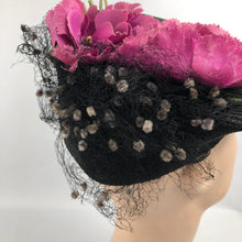 Load image into Gallery viewer, Original 1940's Black Fine Sisal Hat with Wonderful Pink Flower and Flocked Net Trim