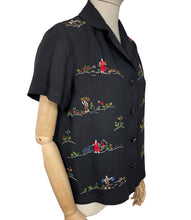 Load image into Gallery viewer, Original 1930's or 1940's Black Linen Blouse with Beautiful Vibrant Embroidery - Bust 38"