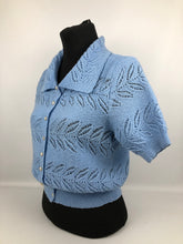 Load image into Gallery viewer, Original 1940s Cornflower Blue Lace Knit Cardigan with Glass Buttons - Bust 36