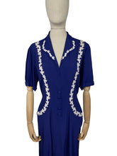 Load image into Gallery viewer, Original 1940's French Navy Crepe Day Dress with White Applique Trim - Bust 44