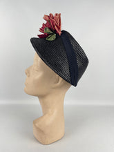 Load image into Gallery viewer, Original Navy Blue Straw Hat by Webflex with Huge Double Rose Trim