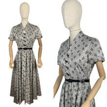 Load image into Gallery viewer, Original 1950's Silver and Black Cocktail Dress by For You By Blaines with Glass Buttons and Pockets - Bust 35