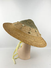 Load image into Gallery viewer, Original 1940s 1950s Tri Colour Conical Straw Hat with Ribbon Tie and Bobble Trim