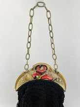 Load image into Gallery viewer, Original 1920's French Made Antique Crochet Bag with Celluloid Frame Decorated with Pierrot, Owls and Musical Instruments