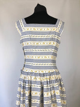 Load image into Gallery viewer, 1950s Blue and White Stripe Floral Dress - B36