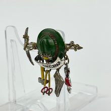 Load image into Gallery viewer, 1940s Painted Metal Austrian Tourist Brooch with Hat, Walking Canes, Boot, Pickaxe and Arrow with a Love Heart