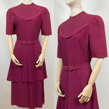 Load image into Gallery viewer, Original 1930s Belted Burgundy Crepe Tunic Dress with Pin Tucked Bodice and Sleeves - Bust 35 36