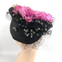Load image into Gallery viewer, Original 1940's Black Fine Sisal Hat with Wonderful Pink Flower and Flocked Net Trim