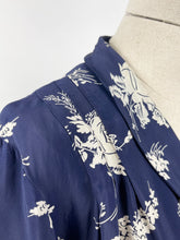 Load image into Gallery viewer, Original 1930s Navy and White Silk Volup Floral Print Dress with Bow Tie Neck - Bust 40 42