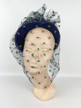 Load image into Gallery viewer, Original 1950s Purple Felt Hat with Green and Purple Net - Charming French Made Piece
