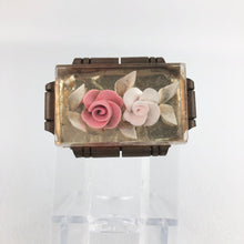 Load image into Gallery viewer, Original French 1950s Reverse Carved Lucite Brooch with Pink and White Roses in a Metal Frame