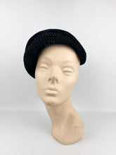 Load image into Gallery viewer, Original 1950s Inky Black Felt Skull Cap with Glass Beads - Lovely Vintage Hat