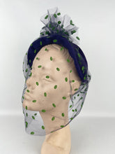 Load image into Gallery viewer, Original 1950s Purple Felt Hat with Green and Purple Net - Charming French Made Piece