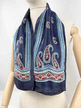 Load image into Gallery viewer, Original 1930's Silk Crepe Scarf or Headscarf in Red, White and Blue Paisley - Great Christmas Gift