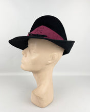 Load image into Gallery viewer, Original 1930's Black Fur Felt Fedora with Burgundy Coloured Suede Trim *
