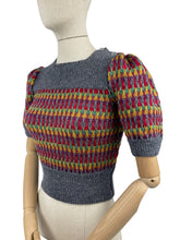 Load image into Gallery viewer, Reproduction 1940’s Hand Knitted Striped Jumper in Grey, Mustard, Purple, Green and Red - Bust 32 34 36