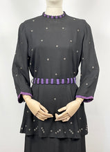 Load image into Gallery viewer, Original Late 1930s or Early 1940s Black Crepe Tunic Dress with Metal Trim - Bust 38 40