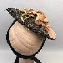 Load image into Gallery viewer, 1940s Black and Soft Apricot Straw & Grosgrain Hat with Floral Trim