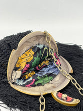 Load image into Gallery viewer, Original 1920's French Made Antique Crochet Bag with Celluloid Frame Decorated with Pierrot, Owls and Musical Instruments