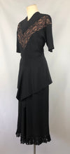 Load image into Gallery viewer, 1940s Black Dress with Lace Overlay and Fishtail Peplum -B38