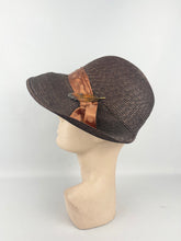 Load image into Gallery viewer, Original 1930s Brown Straw Cloche Hat with Rust Coloured Polka Dot Ribbon Trim and Metal Feather Trim