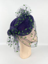 Load image into Gallery viewer, Original 1950s Purple Felt Hat with Green and Purple Net - Charming French Made Piece