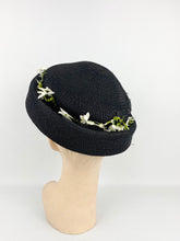 Load image into Gallery viewer, Original 1950s Black Straw Hat with White Floral Trim