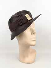 Load image into Gallery viewer, Original 1930s Chocolate Brown Lacquered Straw Hat With Cream Grosgrain Trim