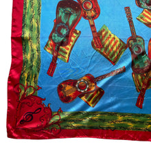 Load image into Gallery viewer, Vintage Artificial Silk Scarf in Bright Blue and Covered with Guitars and Sheet Music - Great Turban or Headscarf