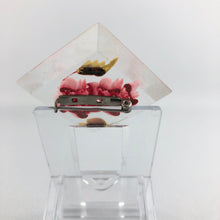 Load image into Gallery viewer, Original 1940s 1950s Reverse Carved Diamond Shaped Lucite Brooch with Vibrant Pink Flowers *