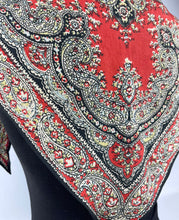 Load image into Gallery viewer, Original 1930's Triangular Crepe Scarf in Black and Red Paisley Print - Vintage Neckerchief