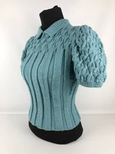 Load image into Gallery viewer, Reproduction 1940s Rib and Cable Knit Jumper in Bashful Blue Acrylic - B36 38 40