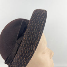 Load image into Gallery viewer, Original 1930's or 1940's Dark Brown Felt Hat by Jacoll with Net Trim *