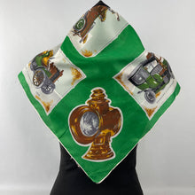Load image into Gallery viewer, Vintage Rayon Motoring Themed Scarf in Emerald Green with Car Print - Great Turban or Headscarf