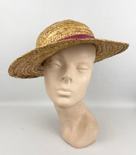 Load image into Gallery viewer, Original 1930's Wide Brimmed Straw Hat with Dusky Pink Grosgrain Trim - Wounded But Wearable