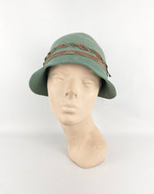 Load image into Gallery viewer, Original 1920’s Soft Green Felt Cloche with Chocolate Brown Velvet Ribbon Trim