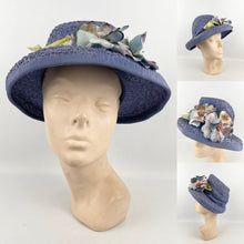 Load image into Gallery viewer, Original 1940’s Lavender Straw Bonnet Hat with Pretty Floral Trim - Vintage Summer Straw Hat *