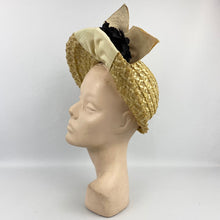 Load image into Gallery viewer, Original 1930s Natural Straw Hat with Cream and Black Trim